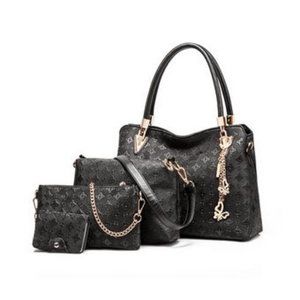 4 pcs Womens PU Leather Purses and Handbags with Matching Wallets - Black